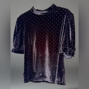 Nanette Lepore Short Sleeve Mock Neck Velvet Top Black Gold Stud Accents Large